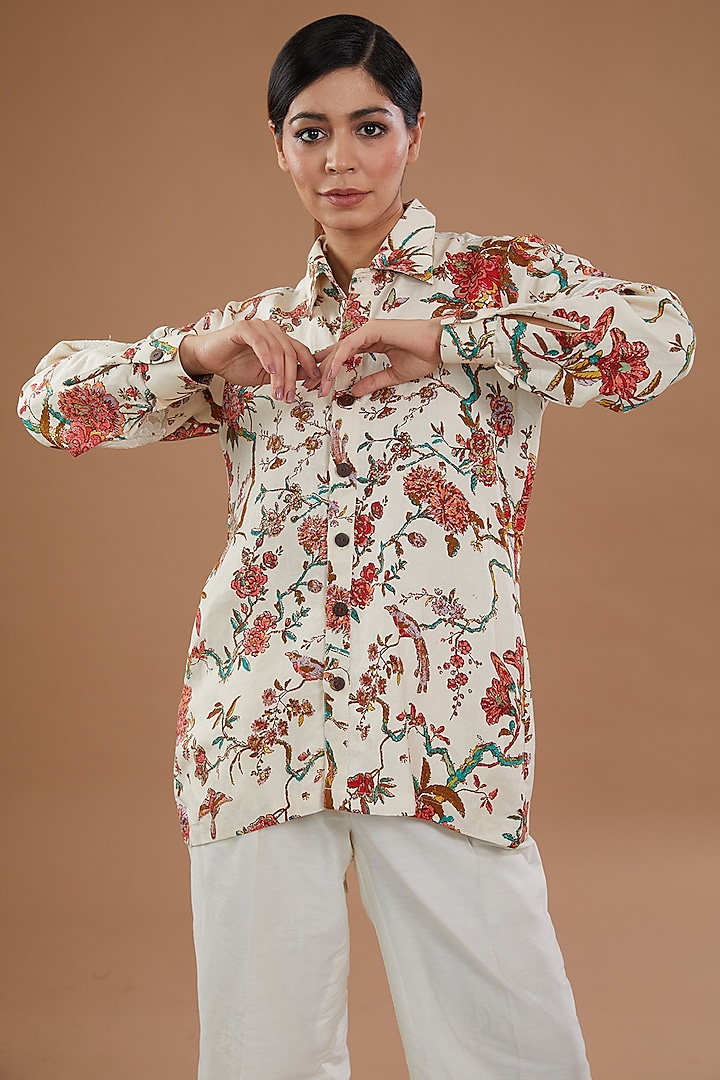 White Cotton Floral Printed Shirt by NOW WITH PRACHI