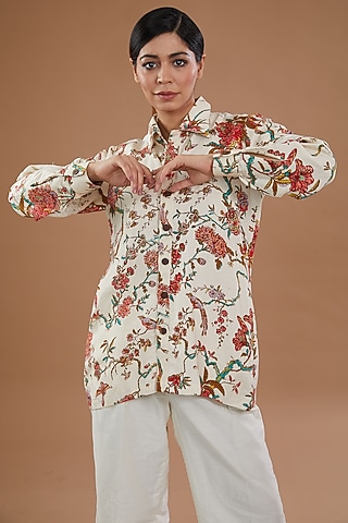 White Cotton Floral Printed Shirt by NOW WITH PRACHI