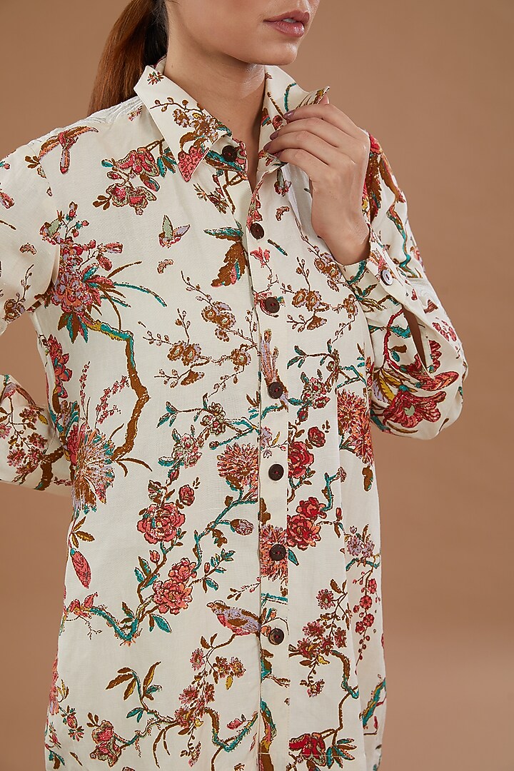 White Cotton Floral Printed Shirt by NOW WITH PRACHI at Pernia's Pop Up Shop