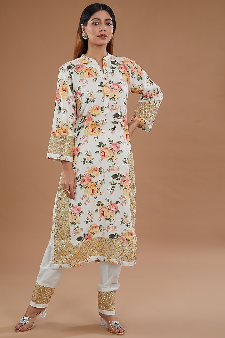 Ivory Linen Embellished & Floral Printed Kurta Set by NOW WITH PRACHI