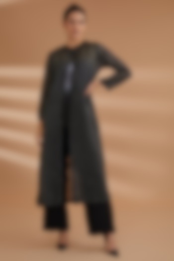 Black Organza Embroidered Jacket Set by NOW WITH PRACHI at Pernia's Pop Up Shop