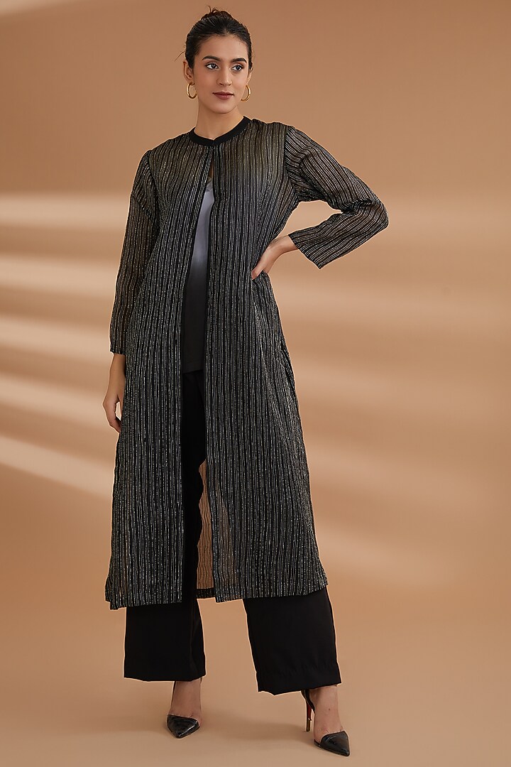 Black Organza Embroidered Jacket Set by NOW WITH PRACHI at Pernia's Pop Up Shop