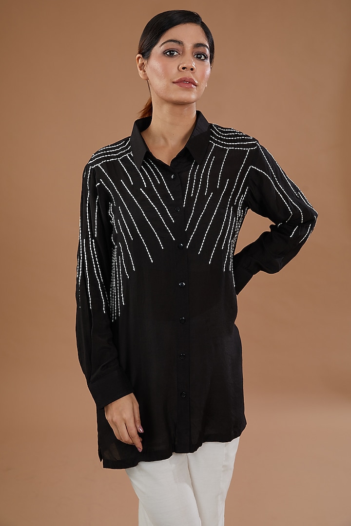 Black Cotton Anchor Embroidered Shirt by NOW WITH PRACHI