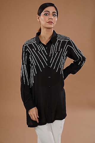 Black Cotton Anchor Embroidered Shirt by NOW WITH PRACHI