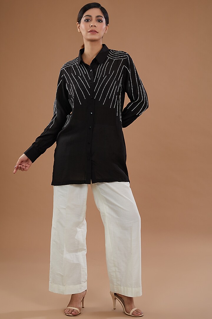 Black Cotton Anchor Embroidered Shirt by NOW WITH PRACHI at Pernia's Pop Up Shop