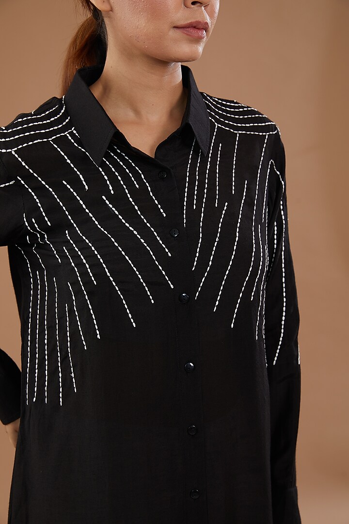 Black Cotton Anchor Embroidered Shirt by NOW WITH PRACHI at Pernia's Pop Up Shop