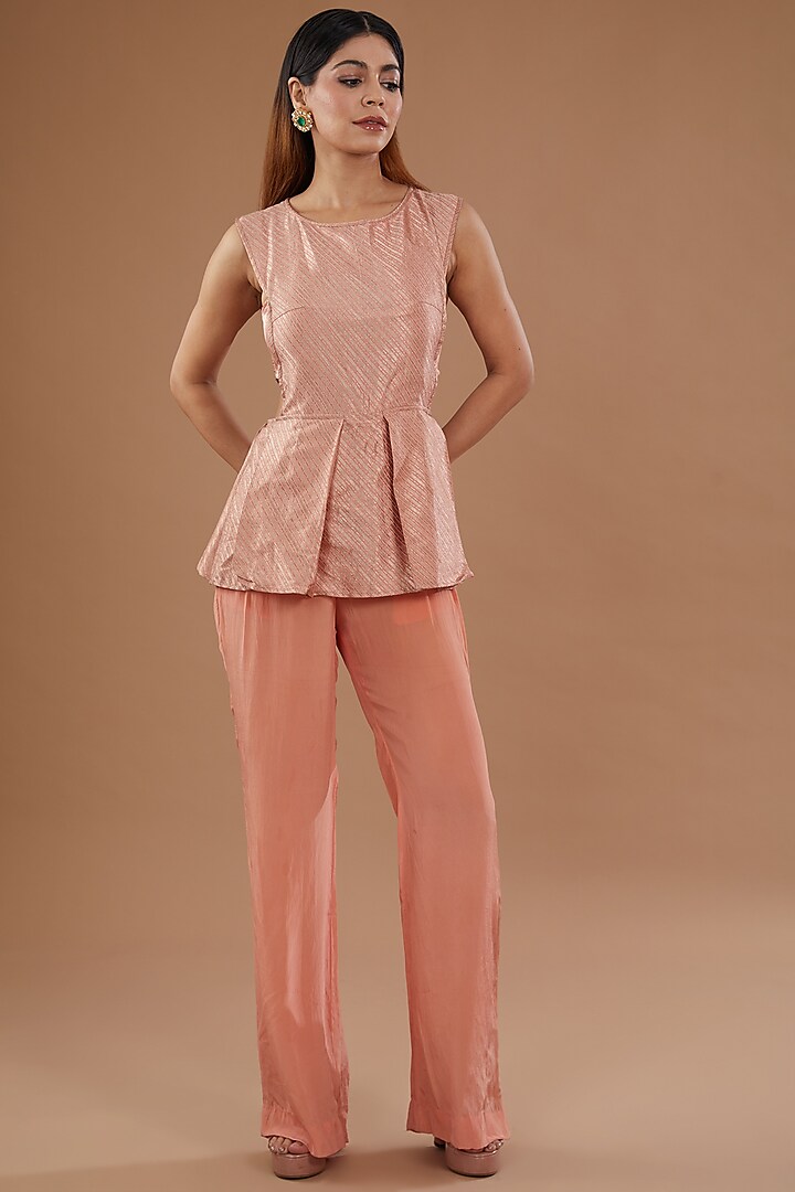 Pink Silk Velvet & Pure Silk Brocade Jumpsuit by NOW WITH PRACHI