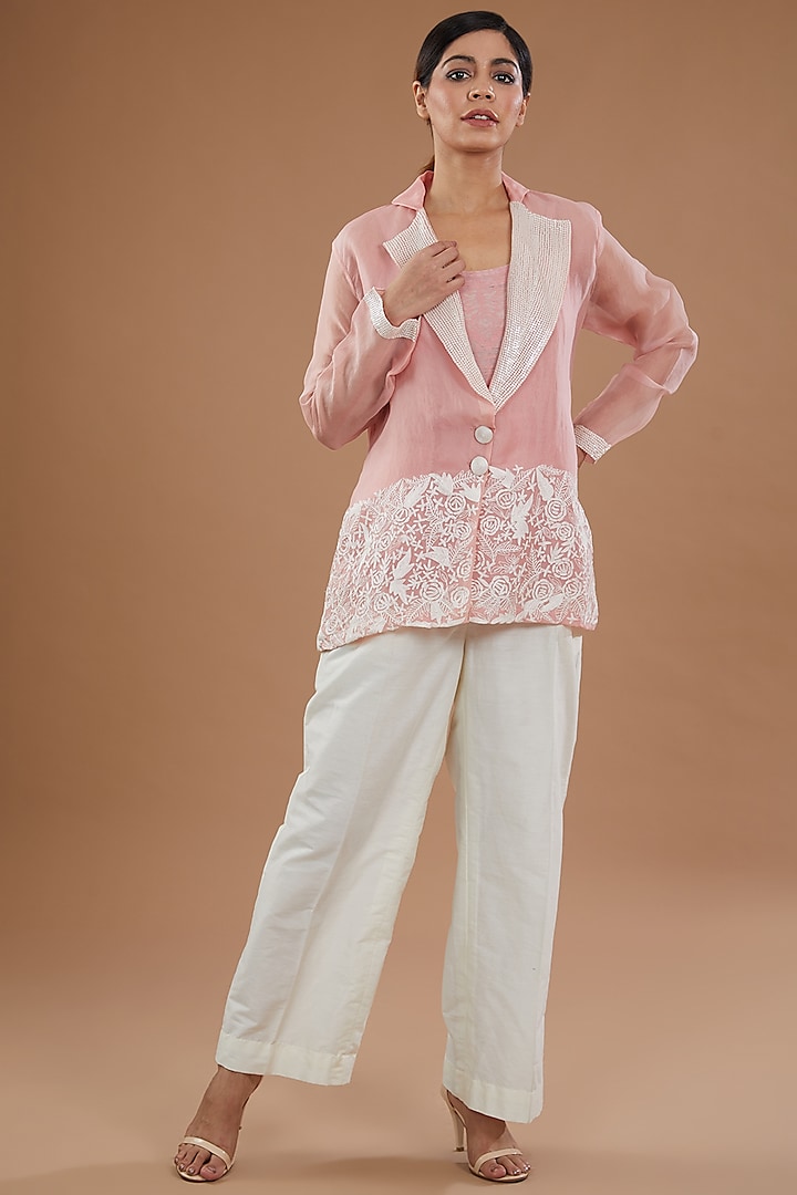 Blush Pink Organza Sequins Embellished Jacket Set by NOW WITH PRACHI