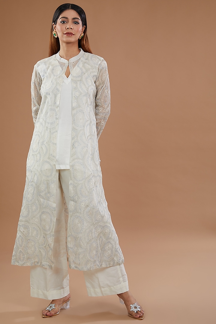 White Organza Aari Embroidered Jacket Set by NOW WITH PRACHI