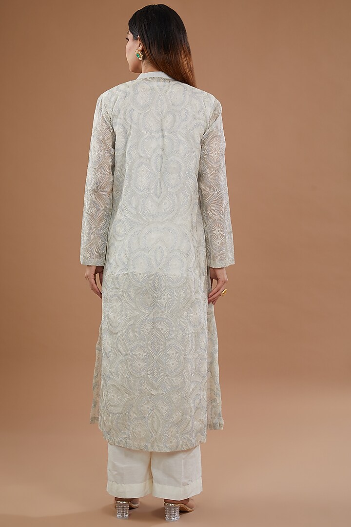 White Organza Aari Embroidered Jacket Set by NOW WITH PRACHI at Pernia's Pop Up Shop