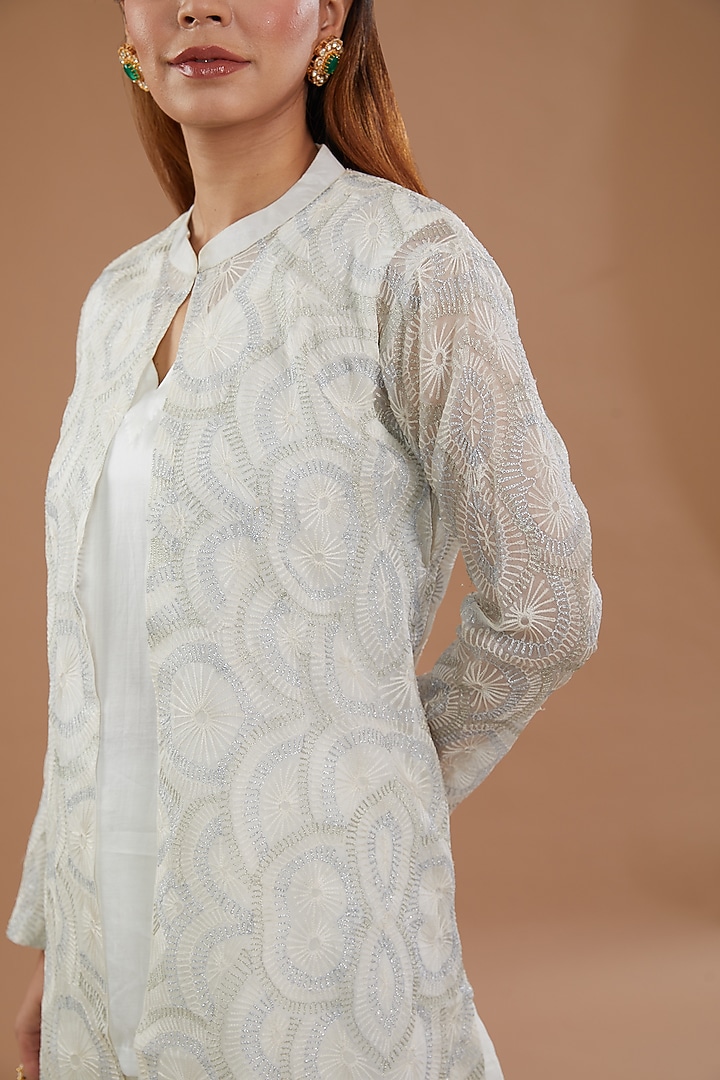 White Organza Aari Embroidered Jacket Set by NOW WITH PRACHI at Pernia's Pop Up Shop
