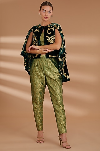 Green Suede Embroidered Cape Set by NOW WITH PRACHI
