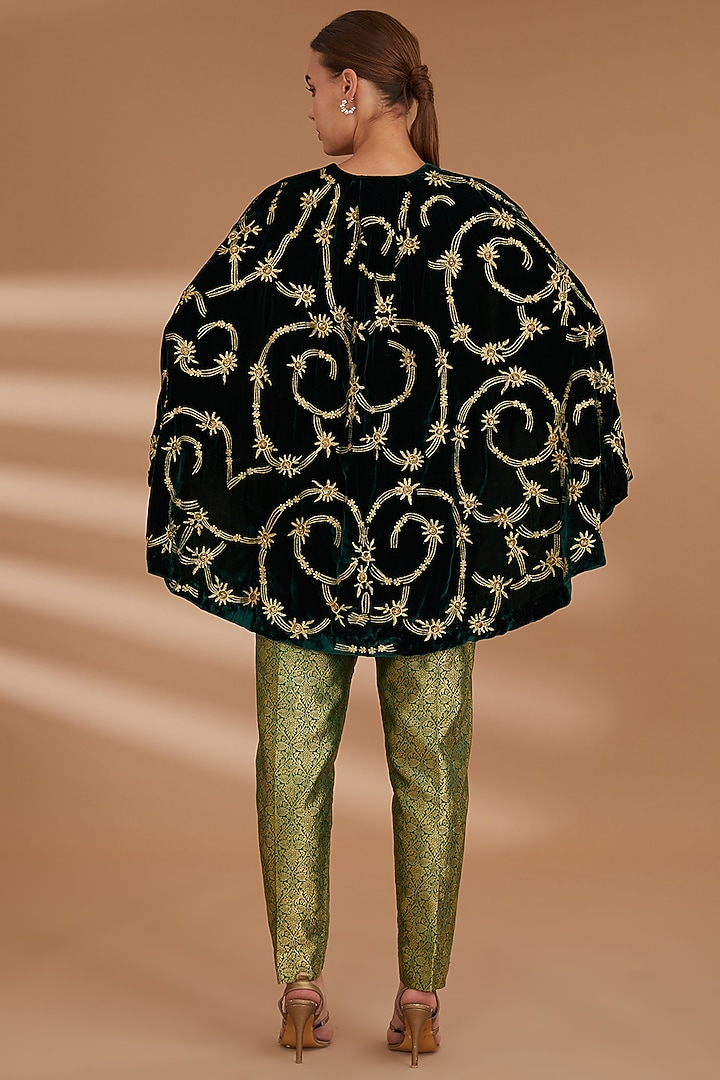 Green Suede Embroidered Cape Set by NOW WITH PRACHI at Pernia's Pop Up Shop