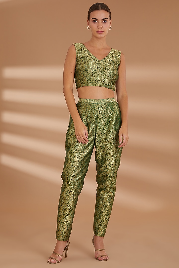 Green Suede Embroidered Cape Set by NOW WITH PRACHI at Pernia's Pop Up Shop