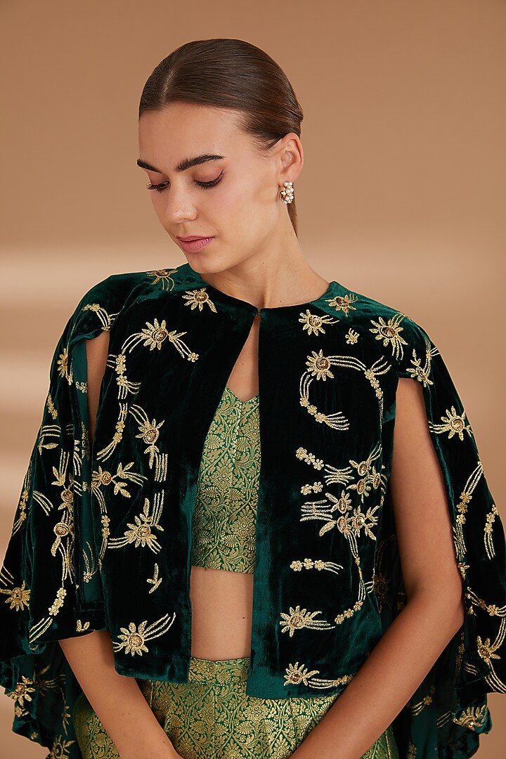 Green Suede Embroidered Cape Set by NOW WITH PRACHI at Pernia's Pop Up Shop