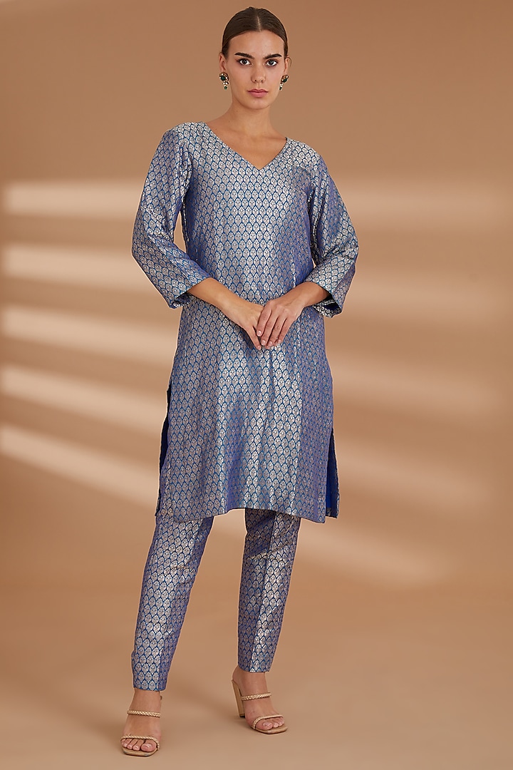Blue Pure Silk Brocade Tunic Set by NOW WITH PRACHI