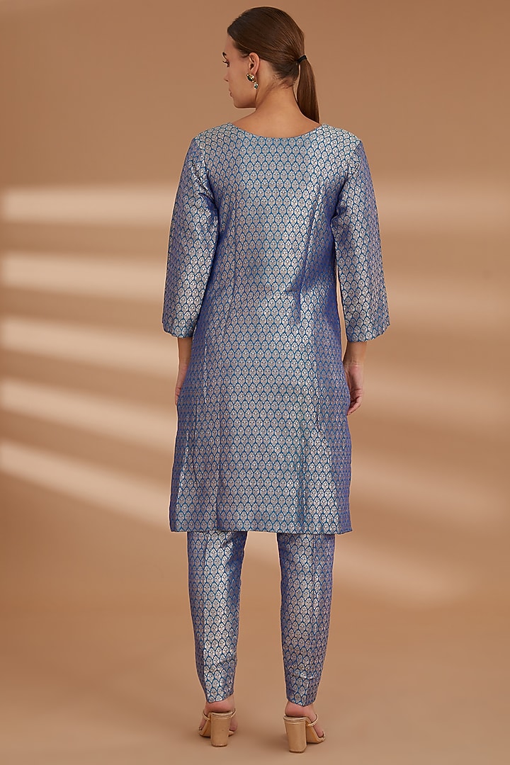 Blue Pure Silk Brocade Tunic Set by NOW WITH PRACHI at Pernia's Pop Up Shop