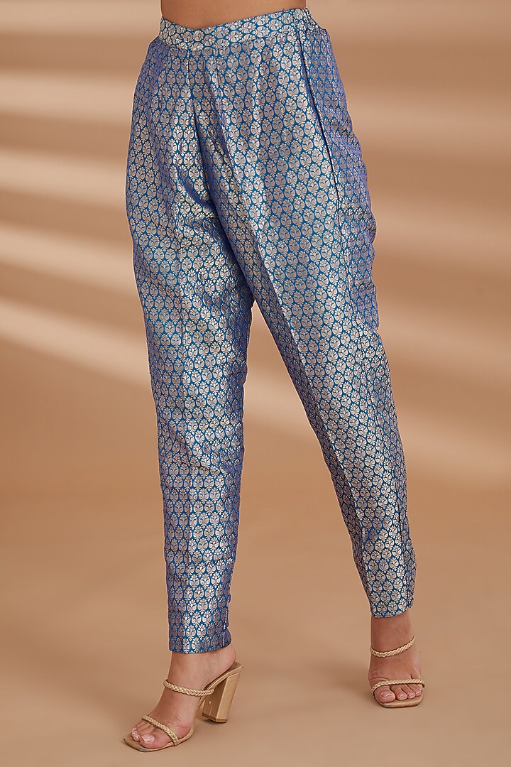 Blue Pure Silk Brocade Tunic Set by NOW WITH PRACHI at Pernia's Pop Up Shop