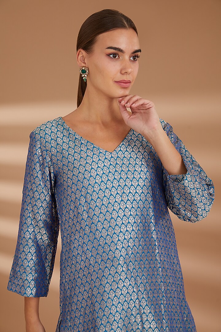 Blue Pure Silk Brocade Tunic Set by NOW WITH PRACHI at Pernia's Pop Up Shop