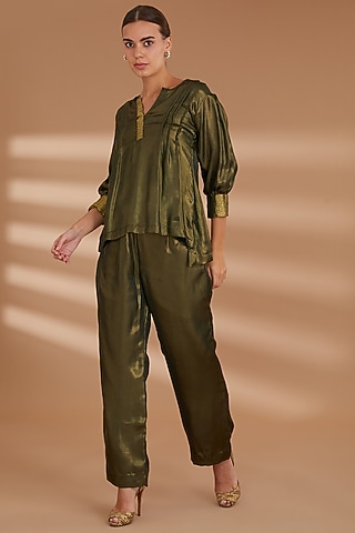 Green Shimmer Georgette Co-Ord Set by NOW WITH PRACHI
