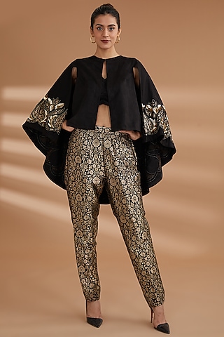 Black Suede Embroidered Cape Set by NOW WITH PRACHI