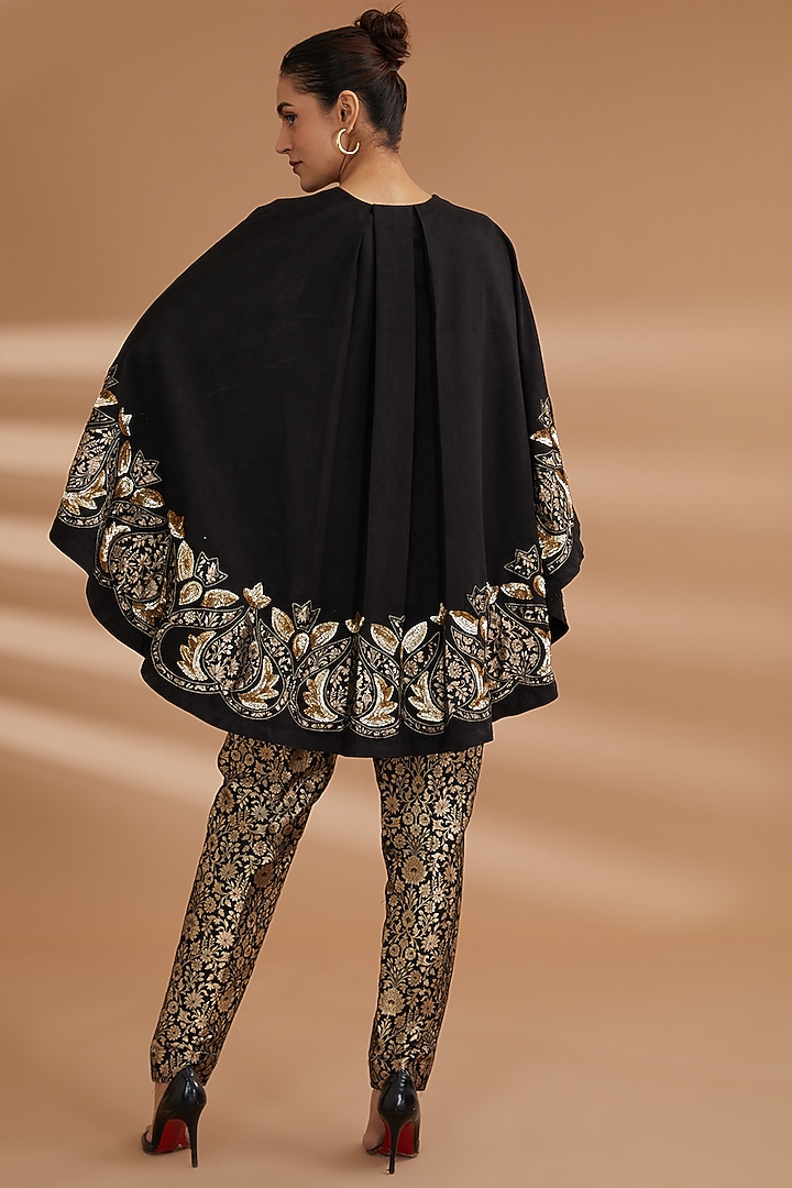Black Suede Embroidered Cape Set by NOW WITH PRACHI at Pernia's Pop Up Shop