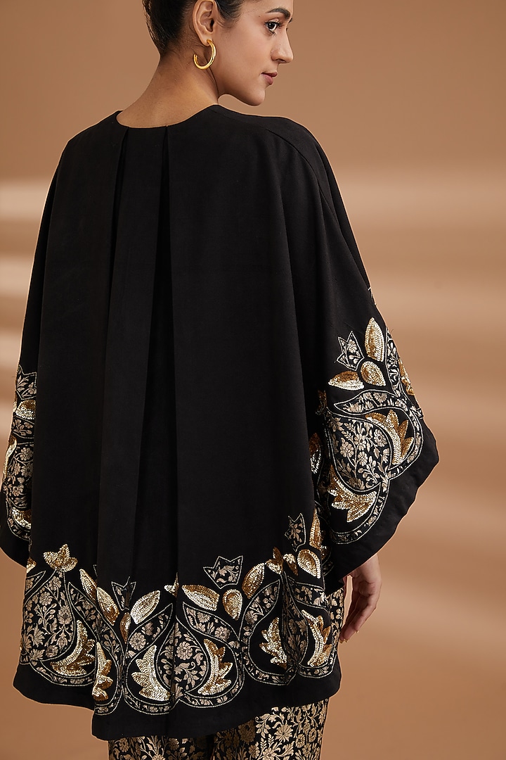 Black Suede Embroidered Cape Set by NOW WITH PRACHI at Pernia's Pop Up Shop