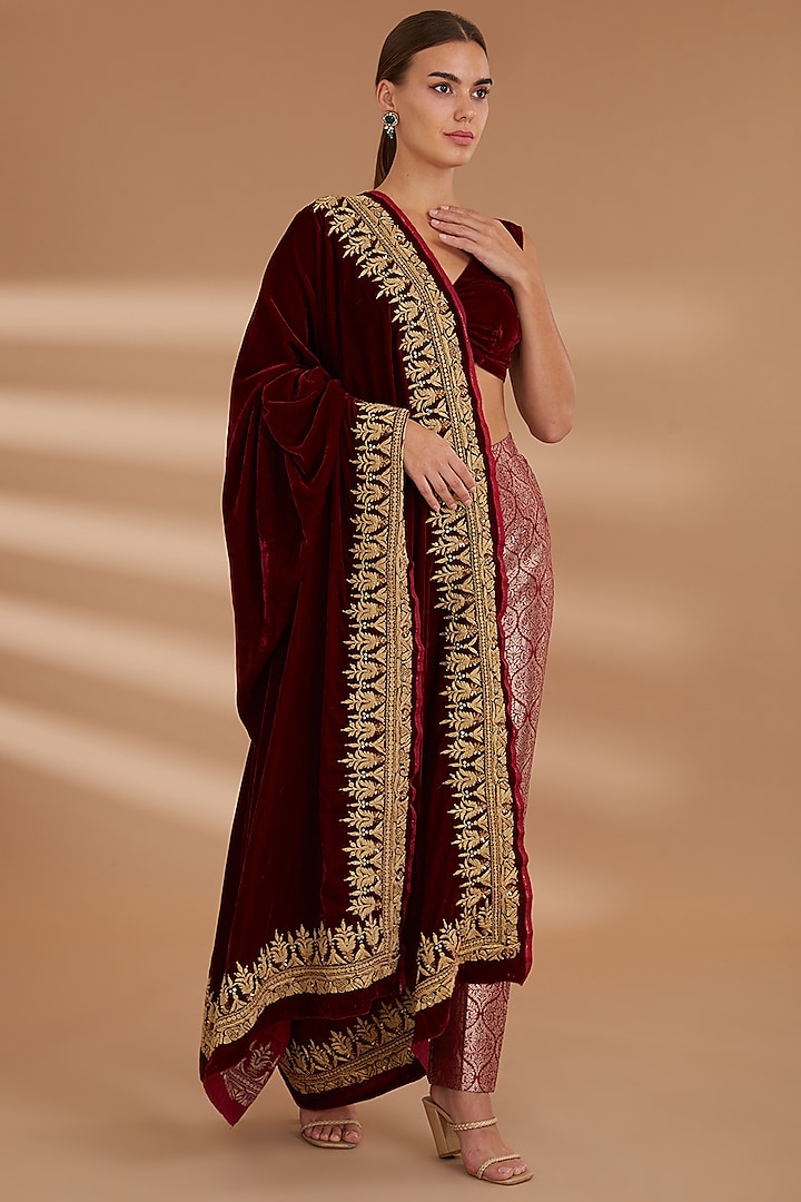 Maroon Velvet Hand Embroidered Dushala by NOW WITH PRACHI