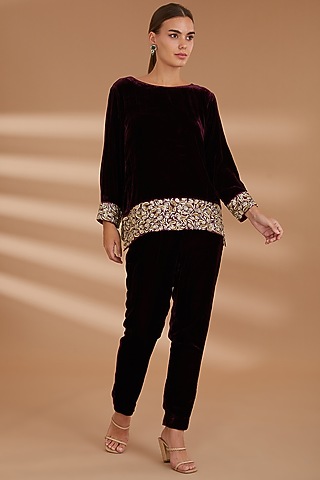 Wine Velvet Embroidered Co-Ord Set by NOW WITH PRACHI