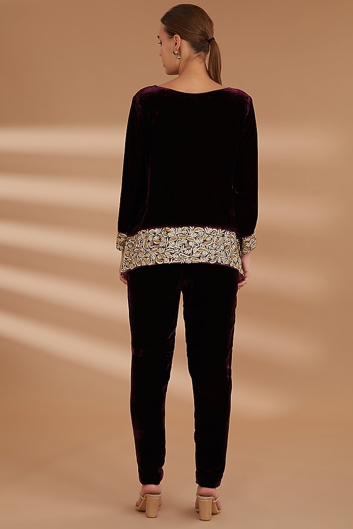 Wine Velvet Embroidered Co-Ord Set by NOW WITH PRACHI at Pernia's Pop Up Shop