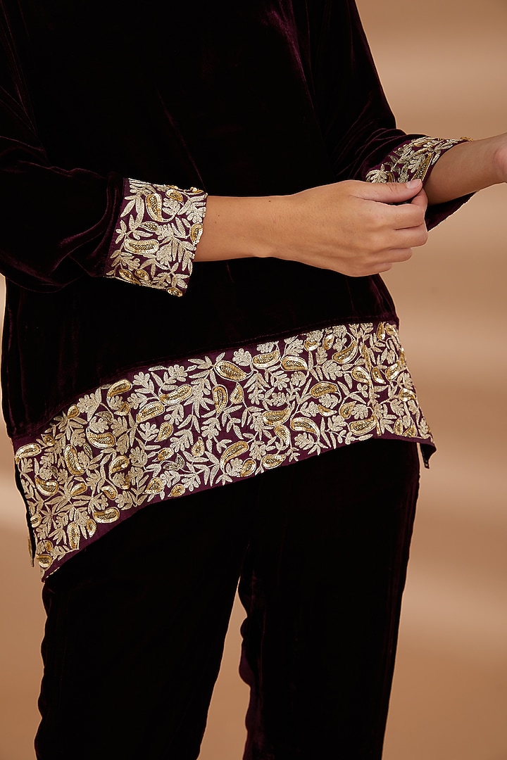 Wine Velvet Embroidered Co-Ord Set by NOW WITH PRACHI at Pernia's Pop Up Shop