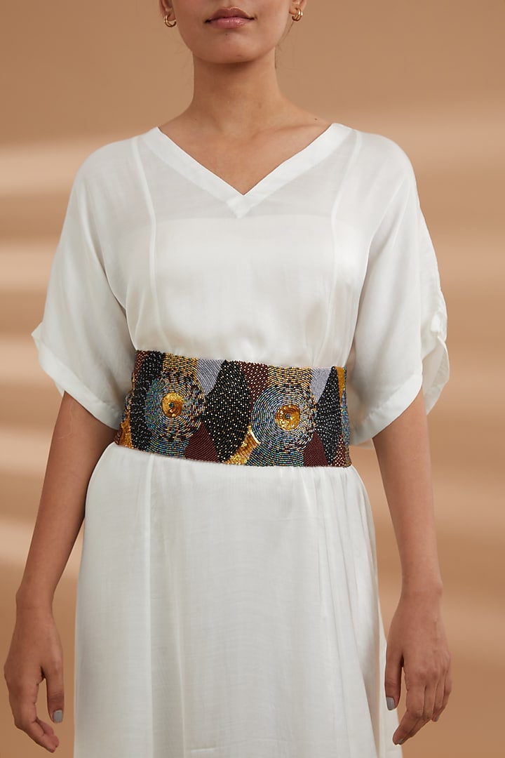 Multi-Colored Bemberg Satin Hand Embroidered Belt by NOW WITH PRACHI at Pernia's Pop Up Shop