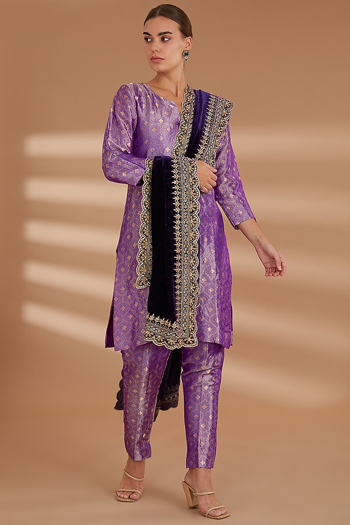 Purple Pure Silk Brocade Tunic Set by NOW WITH PRACHI at Pernia's Pop Up Shop