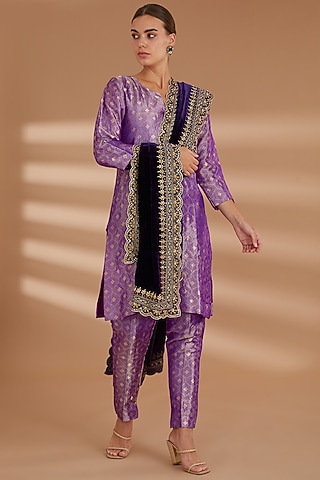 Purple Velvet Hand Embroidered Dushala by NOW WITH PRACHI