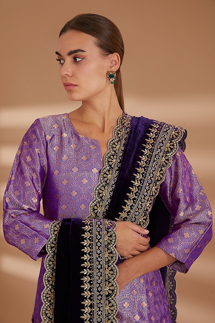 Purple Velvet Hand Embroidered Dushala by NOW WITH PRACHI at Pernia's Pop Up Shop