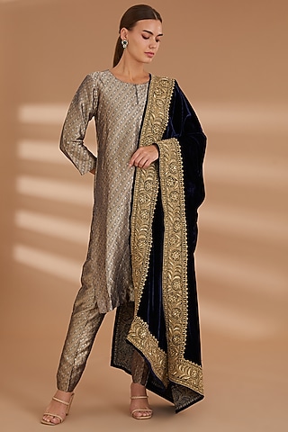 Blue Pure Silk Brocade Tunic Set by NOW WITH PRACHI