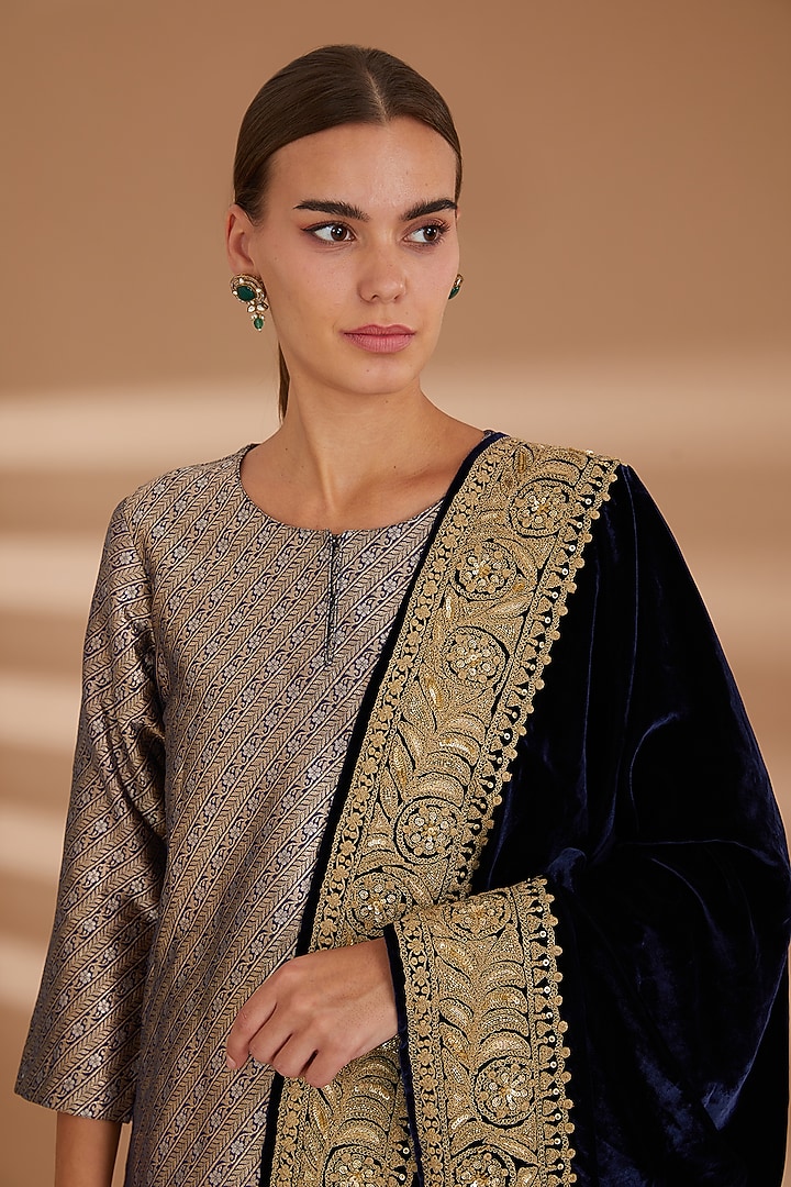 Blue Pure Silk Brocade Tunic Set by NOW WITH PRACHI at Pernia's Pop Up Shop