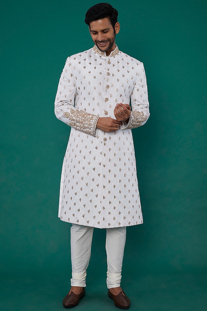 White Silk Sherwani Set by Nero by Shaifali & Satya