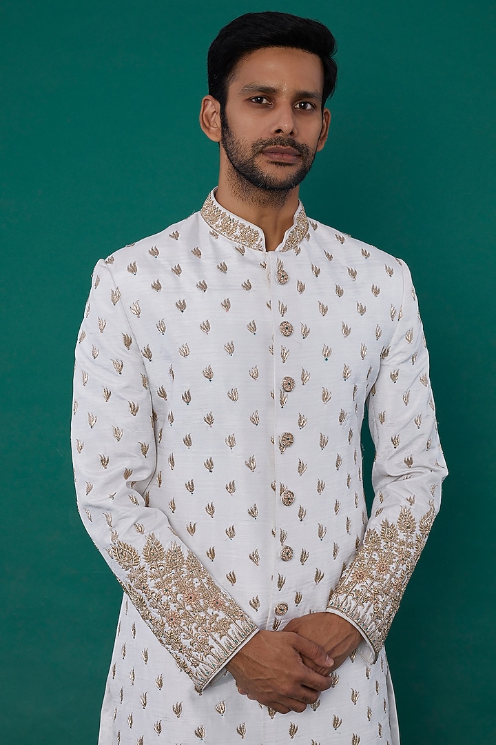 White Silk Wedding Sherwani Set by Nero by Shaifali & Satya at Pernia's Pop Up Shop