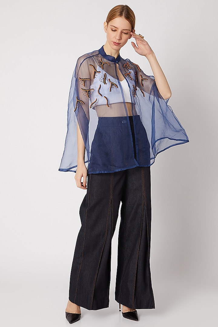 Cobalt Blue Sheer Cape With Embroidery by Nori