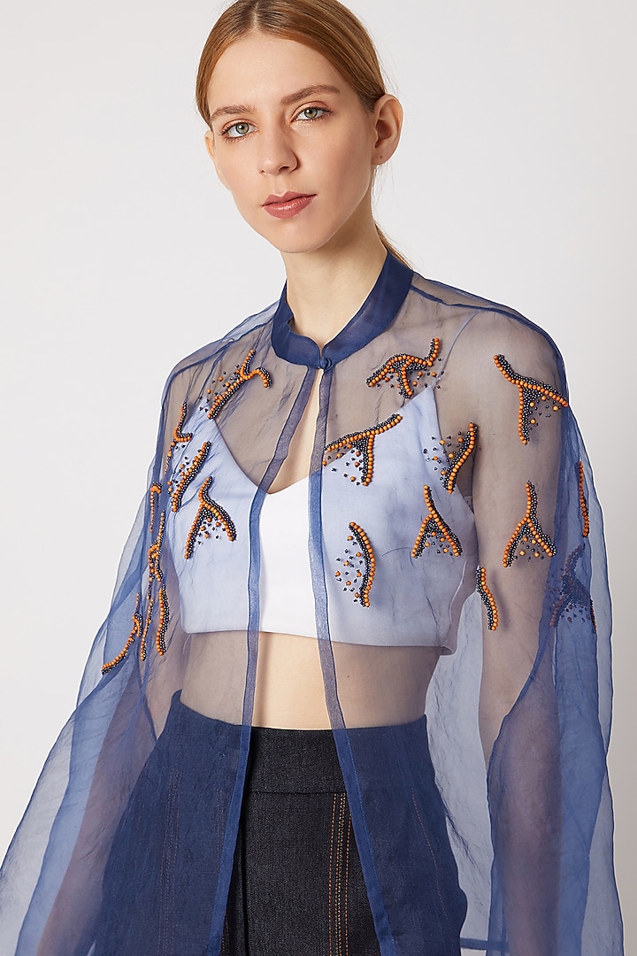 Cobalt Blue Sheer Cape With Embroidery by Nori at Pernia's Pop Up Shop