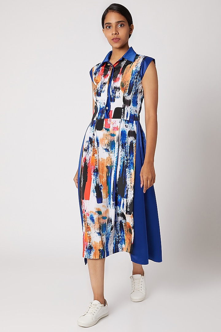 Cobalt Blue Printed Dress With Panel by Nori