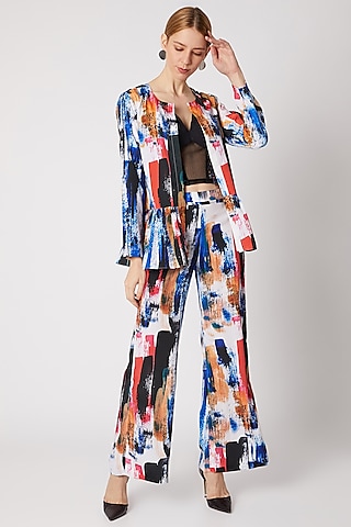 Cobalt Blue Frilled Top With Printed Pants by Nori
