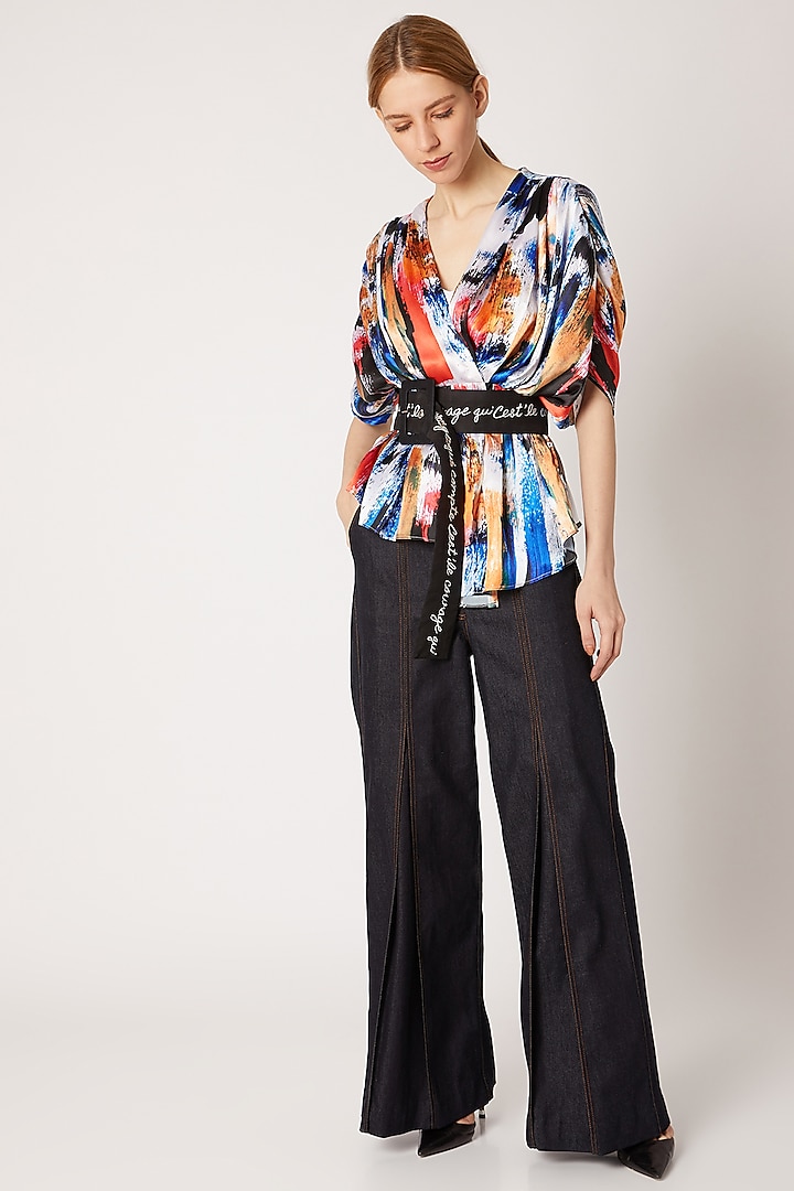 Cobalt Blue Printed Crossover Top With Belt by Nori