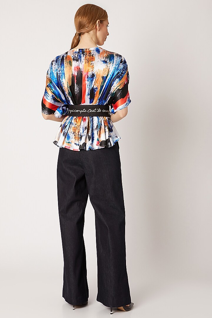 Cobalt Blue Printed Crossover Top With Belt by Nori at Pernia's Pop Up Shop