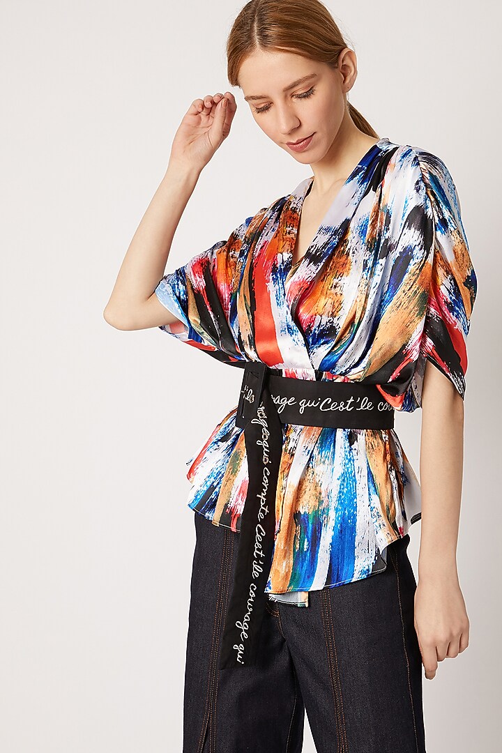 Cobalt Blue Printed Crossover Top With Belt by Nori at Pernia's Pop Up Shop