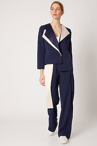 Cobalt Blue & Nude Pink Color Blocked Coat by Nori