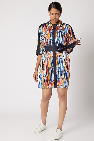Cobalt Blue Printed Shirt Dress With Belt by Nori