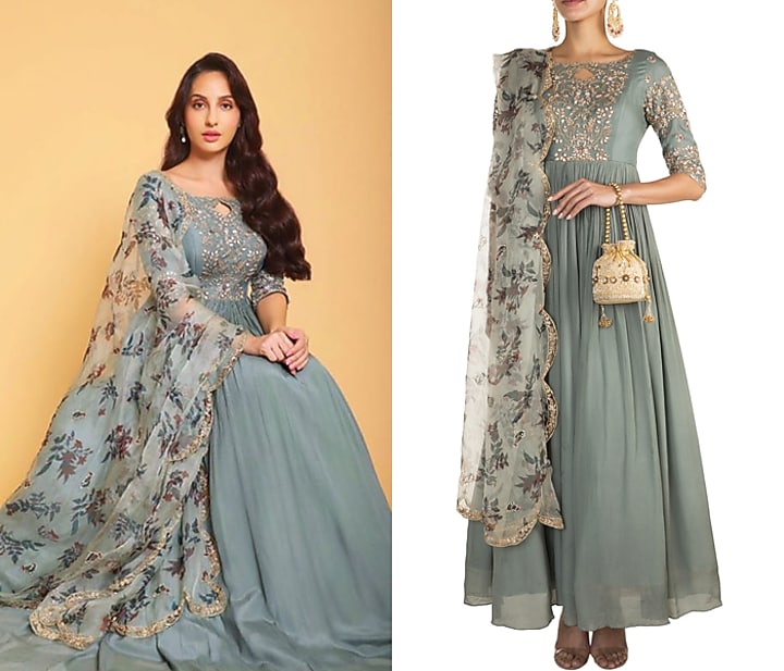 Aqua Blue Embroidered Wedding Anarkali With Printed Dupatta by Pleats by Kaksha & Dimple at Pernia's Pop Up Shop