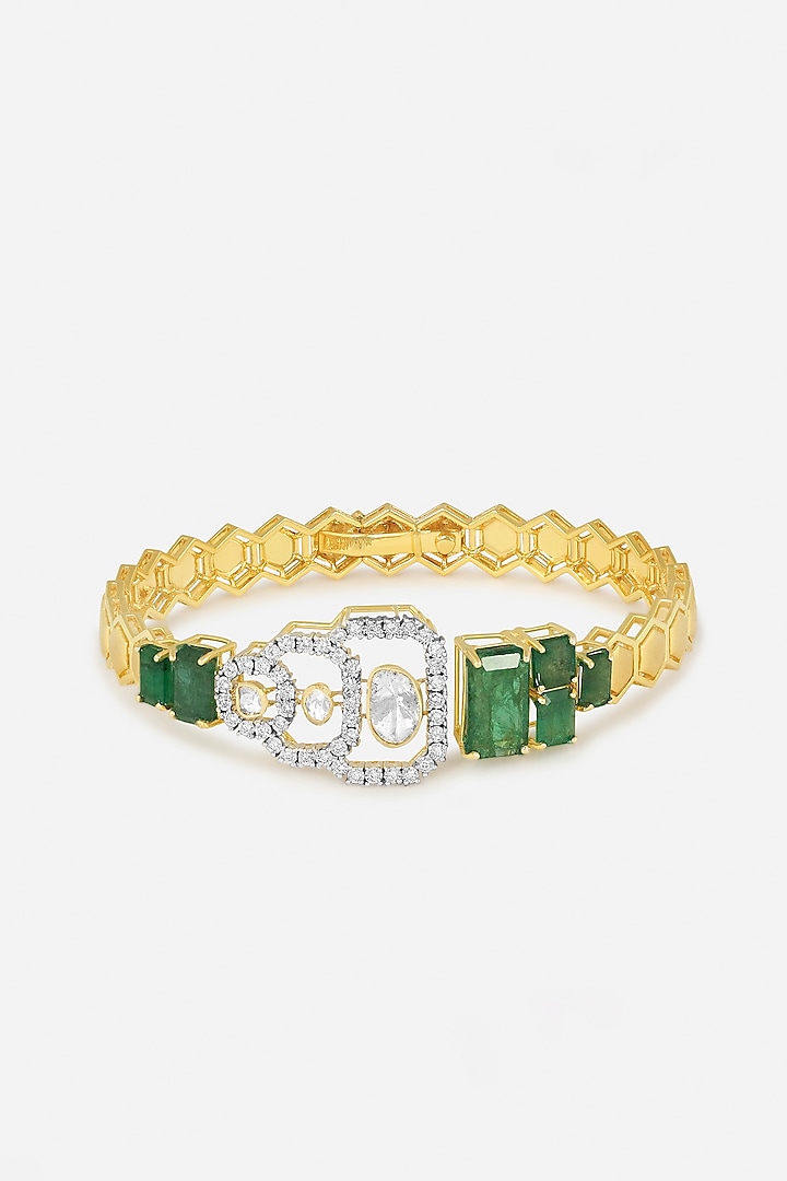 14kt Yellow Gold Finish Polki & Zambian Emerald Stone Bracelet by Nornament at Pernia's Pop Up Shop